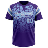 Custom Purple Light Blue-White Gradient Geometric Grid Sleeve Stripes Two-Button Unisex Softball Jersey