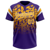 Custom Purple Gold-White Gradient Geometric Grid Sleeve Stripes Two-Button Unisex Softball Jersey