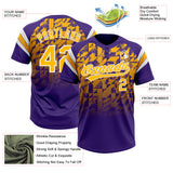 Custom Purple Gold-White Gradient Geometric Grid Sleeve Stripes Two-Button Unisex Softball Jersey