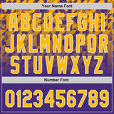 Custom Purple Gold-White Gradient Geometric Grid Sleeve Stripes Two-Button Unisex Softball Jersey