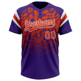 Custom Purple Orange-White Gradient Geometric Grid Sleeve Stripes Two-Button Unisex Softball Jersey