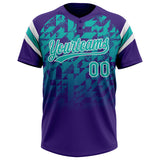 Custom Purple Aqua-White Gradient Geometric Grid Sleeve Stripes Two-Button Unisex Softball Jersey