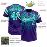 Custom Purple Aqua-White Gradient Geometric Grid Sleeve Stripes Two-Button Unisex Softball Jersey