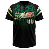 Custom Black Vintage Mexican Flag Kelly Green-Cream Gradient Geometric Grid Sleeve Stripes Two-Button Unisex Softball Jersey