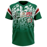 Custom Kelly Green Vintage Mexican Flag White-Red Gradient Geometric Grid Sleeve Stripes Two-Button Unisex Softball Jersey
