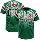 Custom Kelly Green Vintage Mexican Flag White-Red Gradient Geometric Grid Sleeve Stripes Two-Button Unisex Softball Jersey
