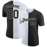 Custom Black White-Vegas Gold Split Fashion Performance T-Shirt