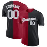 Custom Black Gray-Crimson Split Fashion Performance T-Shirt