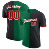 Custom Black Red-Kelly Green Split Fashion Performance T-Shirt