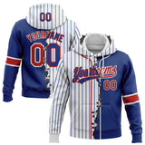 Custom Royal Red-White Pinstripe Split Ripped Pattern Baseball Pullover Sweatshirt Hoodie