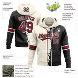 Custom Black Crimson-Cream Split Ripped Pattern Baseball Pullover Sweatshirt Hoodie