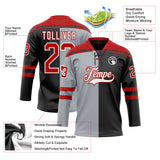 Custom Black Red Gray-White Split Fashion Hockey Lace Neck Jersey