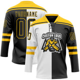 Custom Black Yellow-White Split Fashion Hockey Lace Neck Jersey