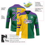 Custom Kelly Green Purple Yellow-White Split Fashion Hockey Lace Neck Jersey