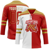 Custom Red Old Gold-White Split Fashion Hockey Lace Neck Jersey
