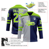 Custom Navy Neon Green Gray-White Split Fashion Hockey Lace Neck Jersey