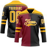 Custom Black Gold Crimson-White Split Fashion Hockey Lace Neck Jersey