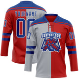 Custom Red Royal Gray-White Split Fashion Hockey Lace Neck Jersey