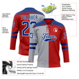 Custom Red Royal Gray-White Split Fashion Hockey Lace Neck Jersey