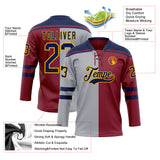 Custom Crimson Navy Gray-Gold Split Fashion Hockey Lace Neck Jersey