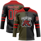 Custom Black Red Olive-White Split Fashion Hockey Lace Neck Jersey