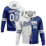 Custom Royal White-Gray Split Ripped Pattern Baseball Pullover Sweatshirt Hoodie