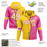Custom Pink White-Yellow Split Ripped Pattern Baseball Pullover Sweatshirt Hoodie