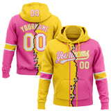 Custom Pink White-Yellow Split Ripped Pattern Baseball Pullover Sweatshirt Hoodie