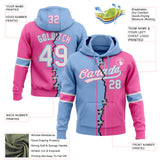 Custom Pink White-Light Blue Split Ripped Pattern Baseball Pullover Sweatshirt Hoodie