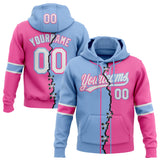 Custom Pink White-Light Blue Split Ripped Pattern Baseball Pullover Sweatshirt Hoodie