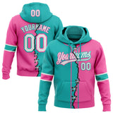 Custom Pink White-Aqua Split Ripped Pattern Baseball Pullover Sweatshirt Hoodie