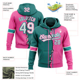 Custom Pink White-Teal Split Ripped Pattern Baseball Pullover Sweatshirt Hoodie