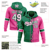 Custom Pink White-Kelly Green Split Ripped Pattern Baseball Pullover Sweatshirt Hoodie