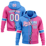 Custom Pink White-Powder Blue Split Ripped Pattern Baseball Pullover Sweatshirt Hoodie