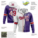 Custom Purple White-Red Split Ripped Pattern Baseball Pullover Sweatshirt Hoodie