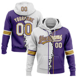 Custom Purple White-Old Gold Split Ripped Pattern Baseball Pullover Sweatshirt Hoodie