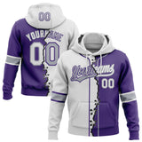 Custom Purple White-Gray Split Ripped Pattern Baseball Pullover Sweatshirt Hoodie