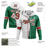 Custom Kelly Green White-Red Split Ripped Pattern Baseball Pullover Sweatshirt Hoodie