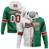 Custom Kelly Green White-Red Split Ripped Pattern Baseball Pullover Sweatshirt Hoodie