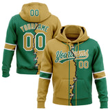 Custom Kelly Green Old Gold-White Split Ripped Pattern Baseball Pullover Sweatshirt Hoodie