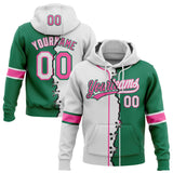 Custom Kelly Green White-Pink Split Ripped Pattern Baseball Pullover Sweatshirt Hoodie