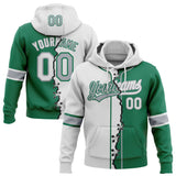 Custom Kelly Green White-Gray Split Ripped Pattern Baseball Pullover Sweatshirt Hoodie