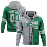 Custom Kelly Green Gray-White Split Ripped Pattern Baseball Pullover Sweatshirt Hoodie
