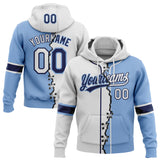 Custom Light Blue White-Navy Split Ripped Pattern Baseball Pullover Sweatshirt Hoodie
