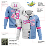 Custom Light Blue White-Pink Split Ripped Pattern Baseball Pullover Sweatshirt Hoodie