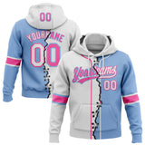 Custom Light Blue White-Pink Split Ripped Pattern Baseball Pullover Sweatshirt Hoodie