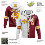 Custom Crimson White-Gold Split Ripped Pattern Baseball Pullover Sweatshirt Hoodie