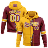 Custom Crimson Gold-White Split Ripped Pattern Baseball Pullover Sweatshirt Hoodie