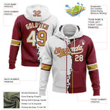 Custom Crimson White-Old Gold Split Ripped Pattern Baseball Pullover Sweatshirt Hoodie