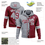 Custom Crimson Gray-White Split Ripped Pattern Baseball Pullover Sweatshirt Hoodie